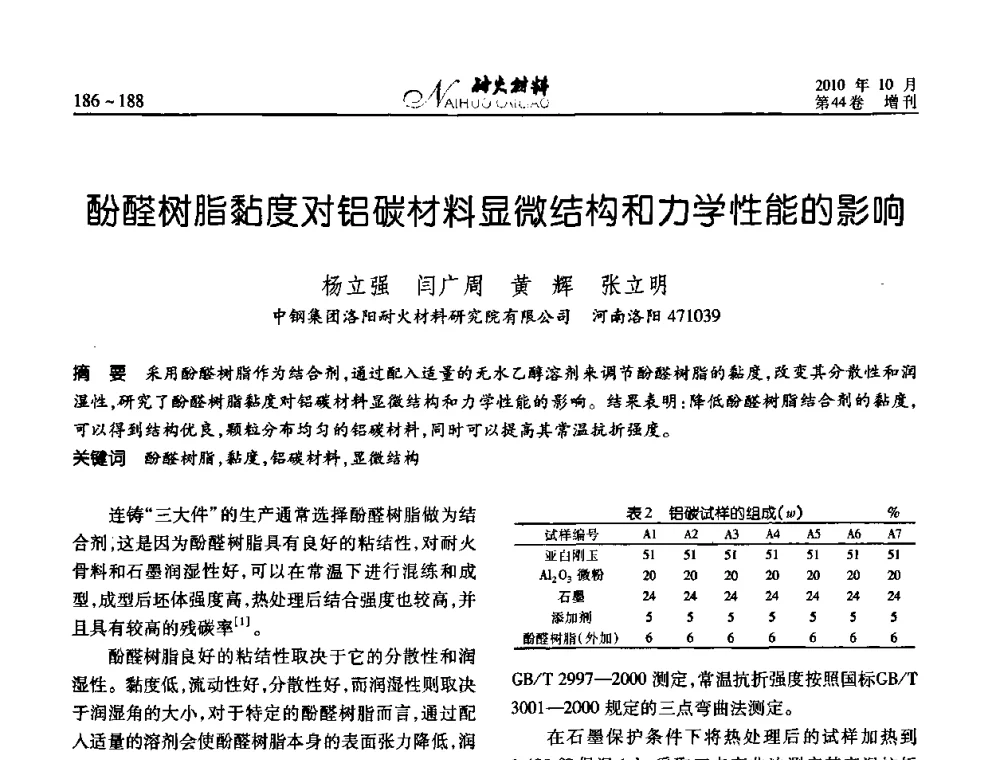 酚醛树脂黏度对铝碳材料显微结构和力学性能的影响 - 第十二届全国耐火材料青年学术报告会