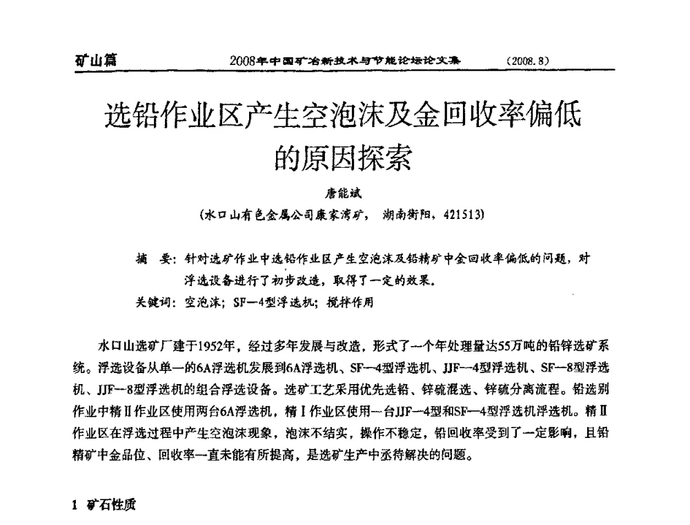 选铅作业区产生空泡沫及金回收率偏低的原因探索 - 2008中国矿冶新技术与节能论坛
