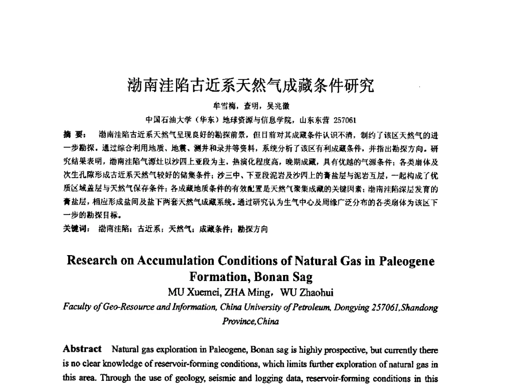 渤南洼陷古近系天然气成藏条件研究 - 矿床地质勘查及矿产资源开发利用生态补偿交流研讨会