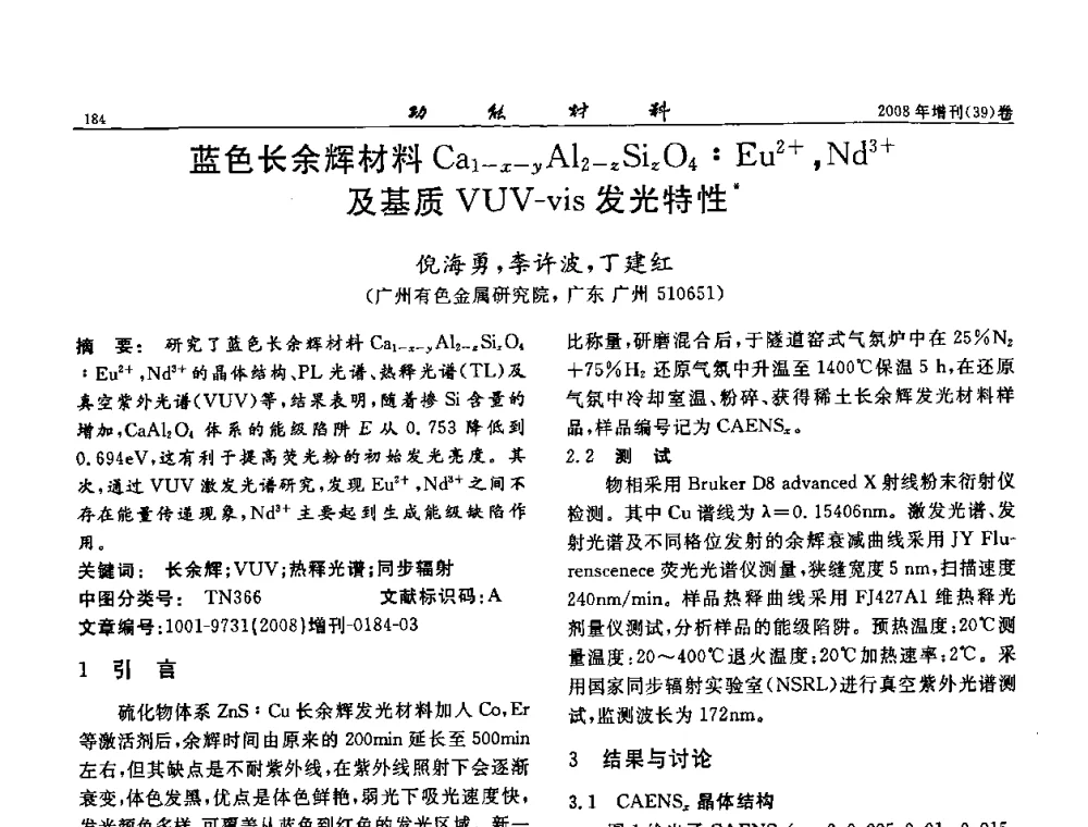 蓝色长余辉材料Cal-x-yAl2-zSiO4_Eu2+_Nd3+及基质VUV-vis发光特性 - 二〇〇八全国功能材料科技与产业高层论坛