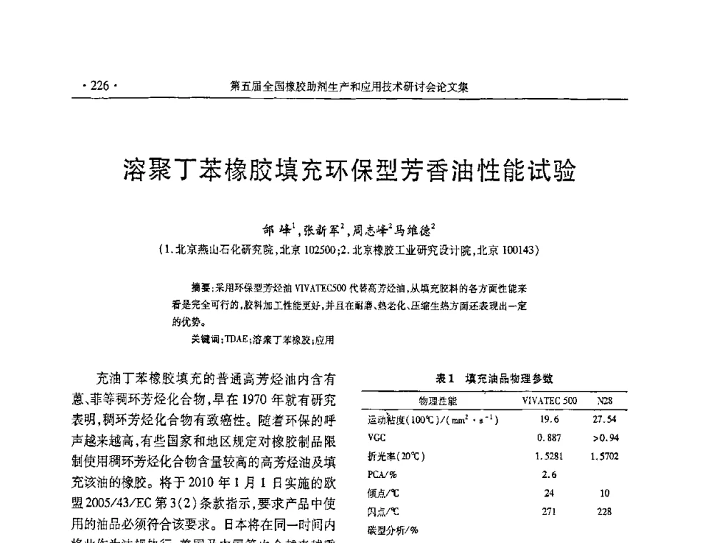 溶聚丁苯橡胶填充环保型芳香油性能试验 - 第五届全国橡胶助剂生产和应用技术研讨会