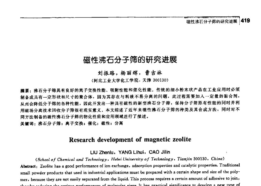 磁性沸石分子筛的研究进展 - 中国工程院化工、冶金与材料工学部第七届学术会议