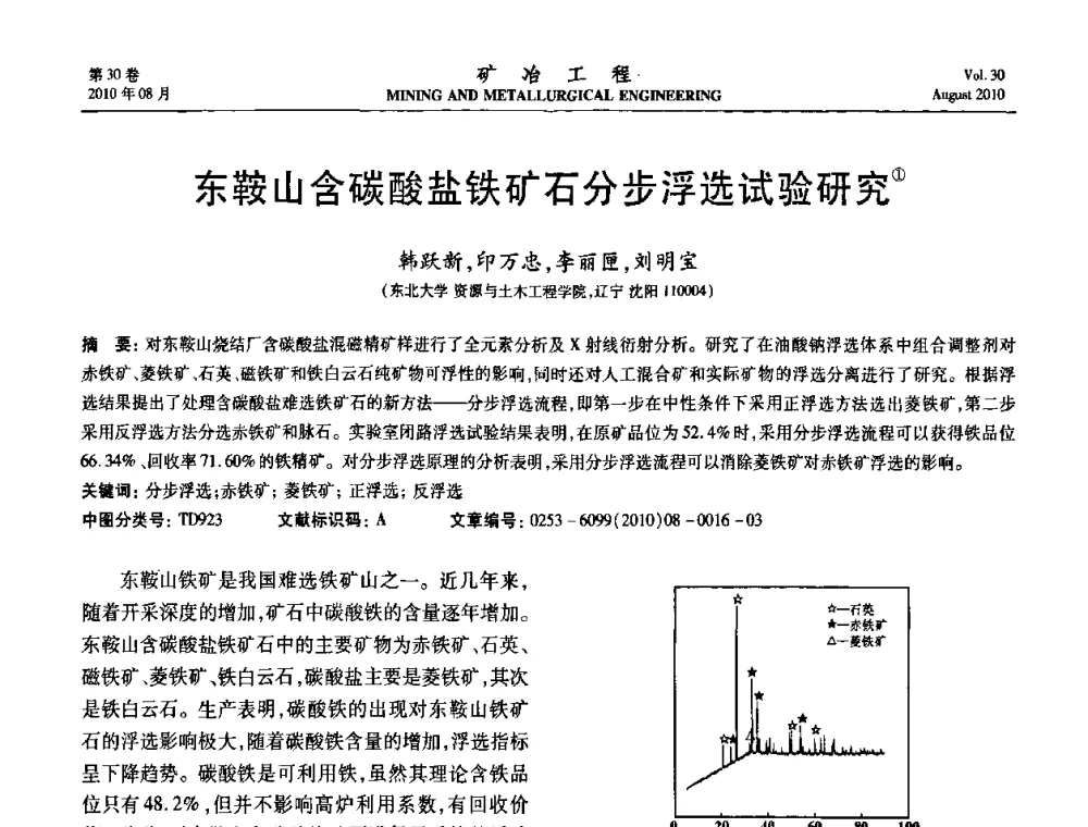 东鞍山含碳酸盐铁矿石分步浮选试验研究 - 第五届全国选矿年会