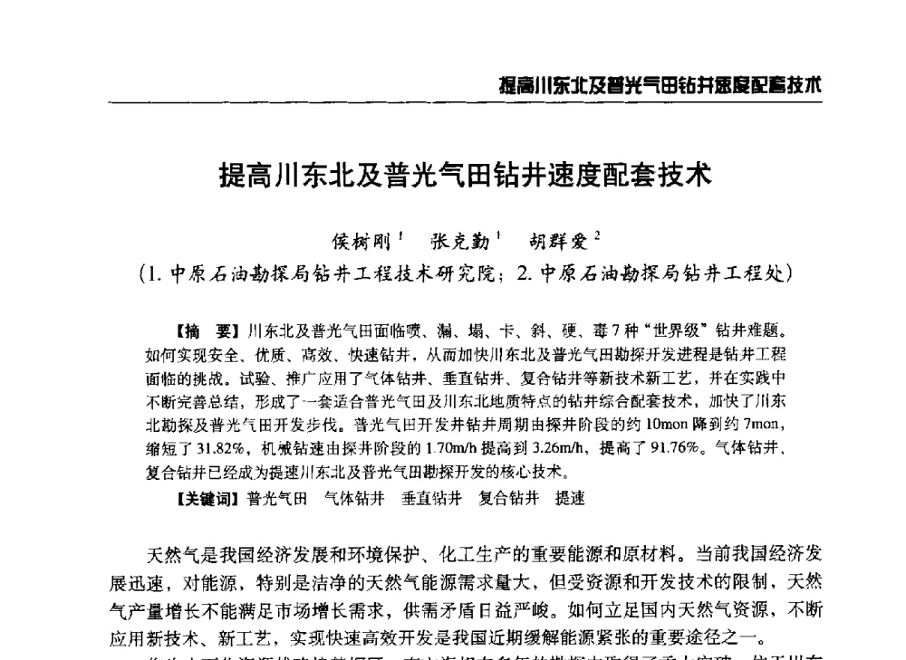 提高川东北及普光气田钻井速度配套技术 - 第八届石油钻井院所长会议