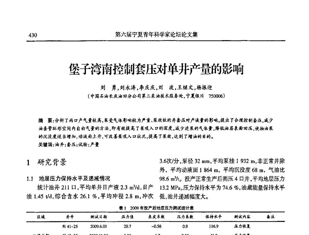 堡子湾南控制套压对单井产量的影响 - 第六届宁夏青年科学家论坛