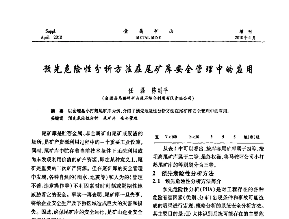 预先危险性分析方法在尾矿库安全管理中的应用 - 第三届尾矿库安全运行技术高峰论坛
