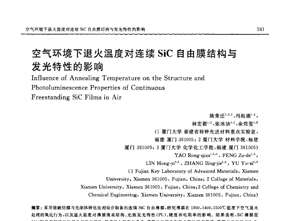空气环境下退火温度对连续SiC自由膜结构与发光特性的影响 - 2008中国材料研讨会—中美材料国际研讨会