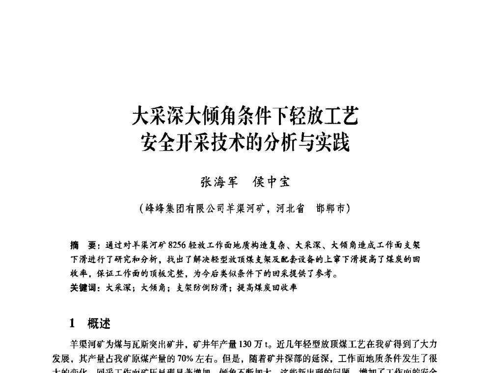 大采深大倾角条件下轻放工艺安全开采技术的分析与实践 - 煤炭企业总工程师专题研讨会