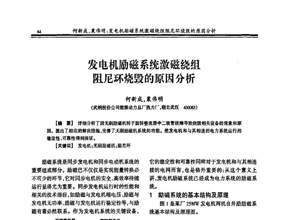 发电机励磁系统激磁绕组阻尼环烧毁的原因分析 - 2010年全国冶金热电专业年会
