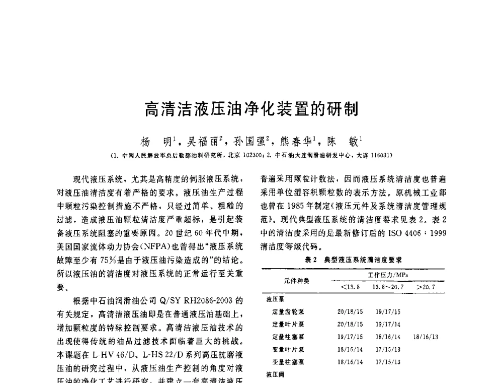 高清洁液压油净化装置的研制 - 中国石油学会第六届石油炼制学术年会