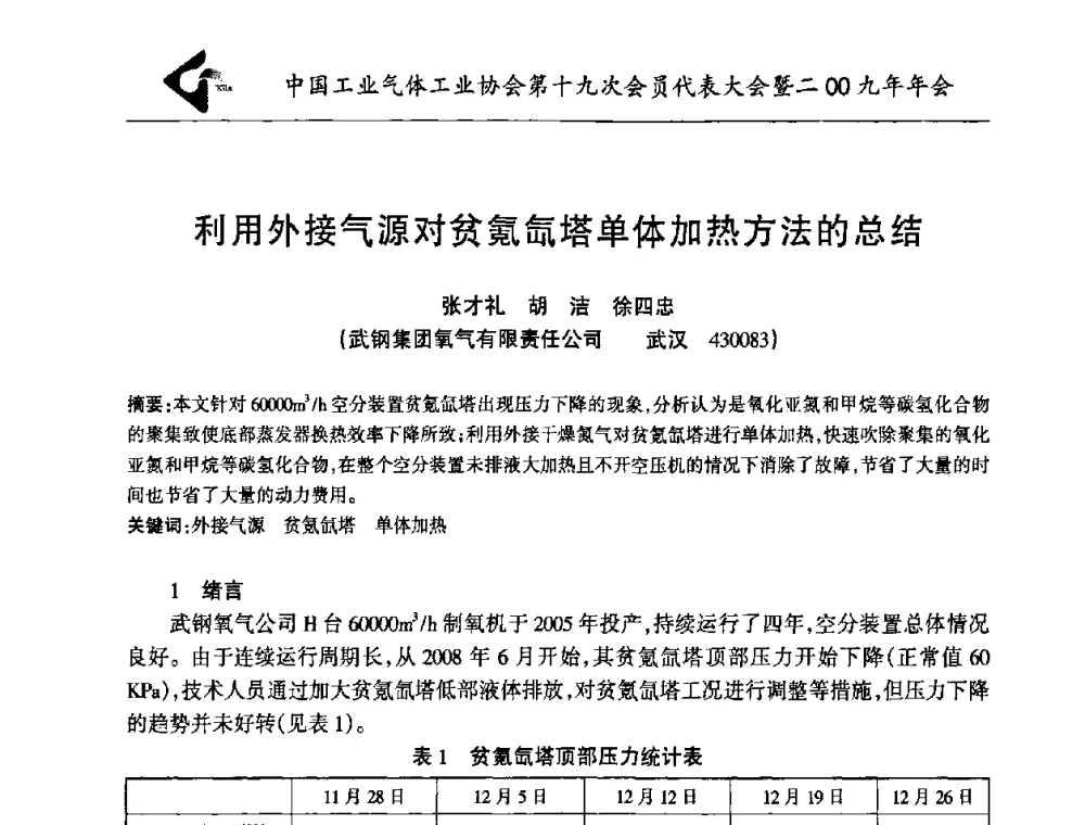 利用外接气源对贫氪氙塔单体加热方法的总结 - 中国工业气体工业协会第十九次会员代表大会暨2009年年会