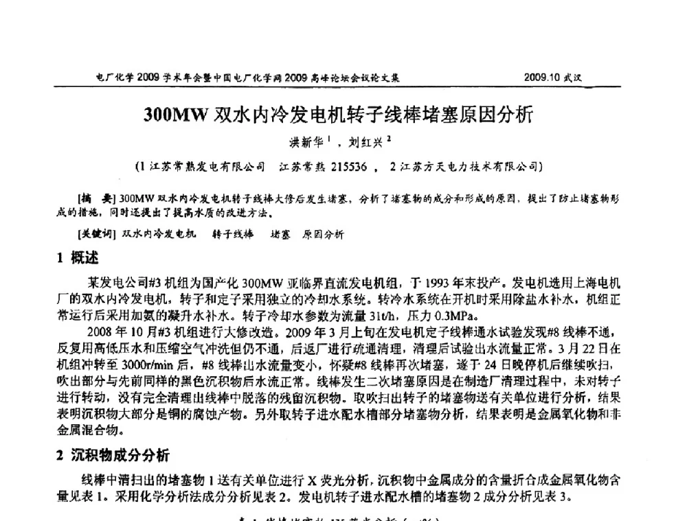 300MW双水内冷发电机转子线棒堵塞原因分析 - 电厂化学2009学术年会暨中国电厂化学网高峰论坛
