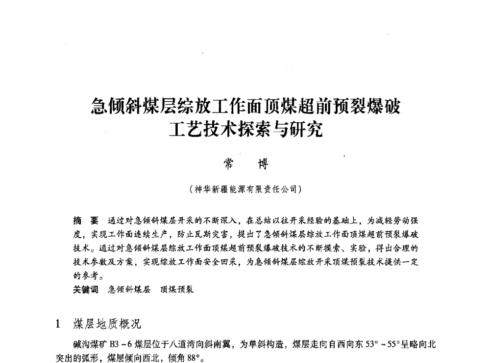急倾斜煤层综放工作面顶煤超前预裂爆破工艺技术探索与研究 - 第五届全国煤炭工业生产一线青年技术创新交流表彰大会