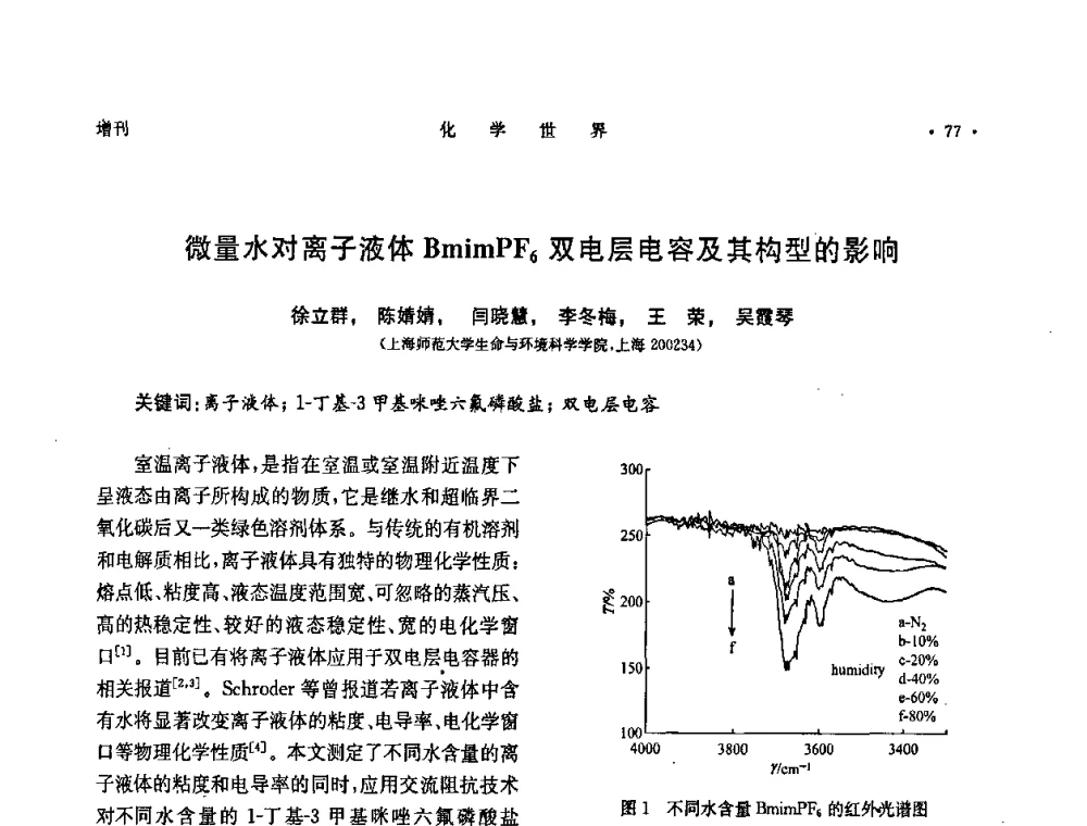 微量水对离子液体BmimPF6双电层电容及其构型的影响 - 上海市化学化工学会2008年度学术年会