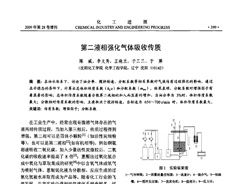 第二液相强化气体吸收传质 - 中国化工学会2009年年会暨第三届全国石油和化工行业节能节水减排技术论坛