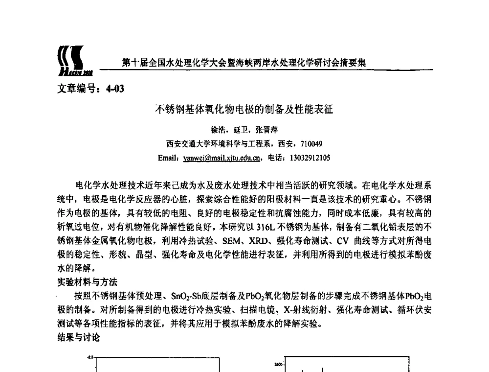 不锈钢基体氧化物电极的制备及性能表征 - 第十届全国水处理化学大会暨海峡两岸水处理化学研讨会