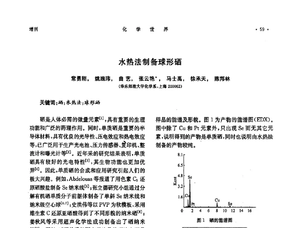 水热法制备球形硒 - 上海市化学化工学会2008年度学术年会