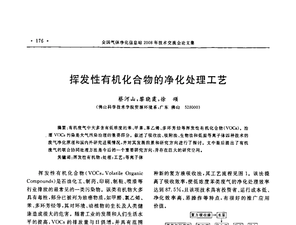 挥发性有机化合物的净化处理工艺 - 2008年全国气体净化技术交流会