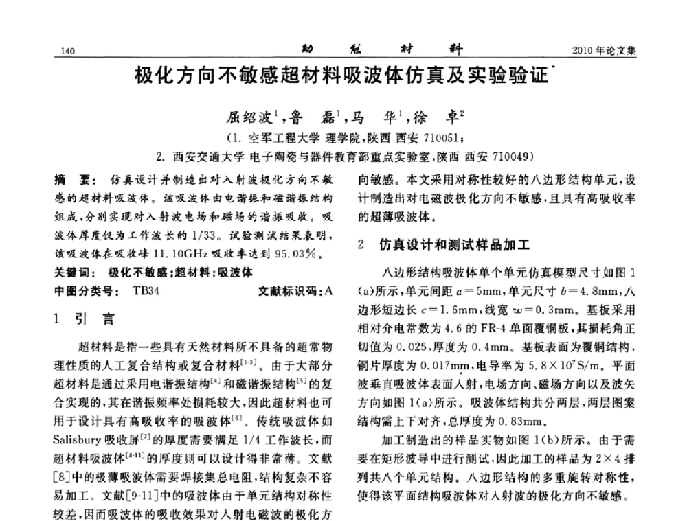 极化方向不敏感超材料吸波体仿真及实验验证 - 第七届中国功能材料及其应用学术会议