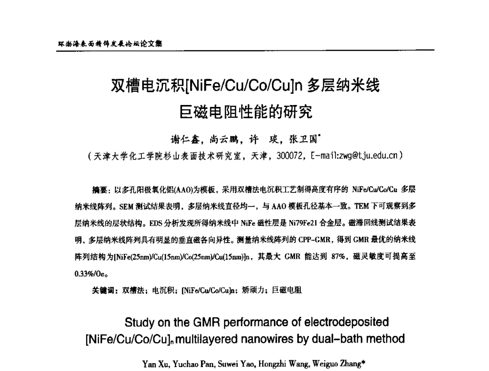 双槽电沉积[NiFe_Cu_Co_Cu]n多层纳米线巨磁电阻性能的研究 - 2010年环渤海表面精饰发展论坛