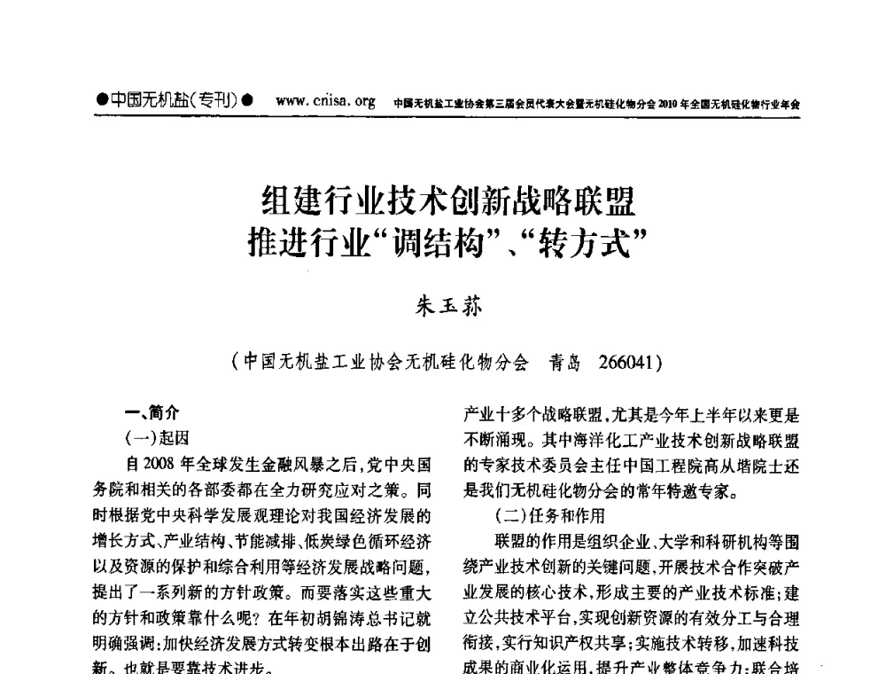 组建行业技术创新战略联盟推进行业“调结构”、“转方式” - 中国无机盐工业协会第三届会员代表大会暨无机硅化物分会2010年全国无机硅化物行业年会