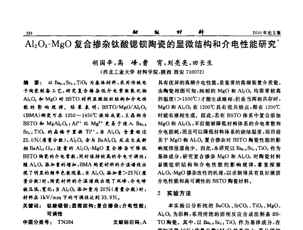 Al2O3-MgO复合掺杂钛酸锶钡陶瓷的显微结构和介电性能研究 - 第七届中国功能材料及其应用学术会议