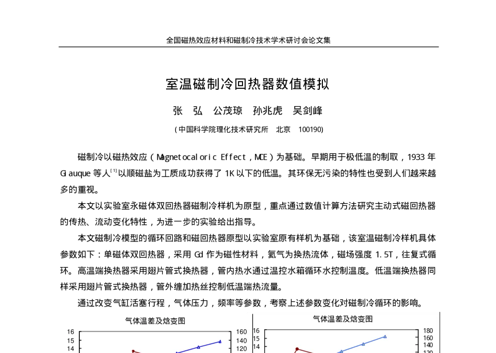 室温磁制冷回热器数值模拟 - 全国磁热效应材料和磁制冷技术学术研讨会