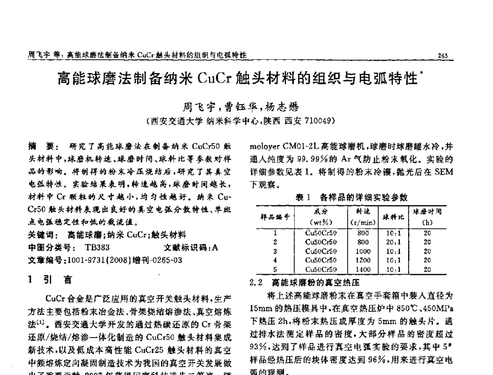 高能球磨法制备纳米CuCr触头材料的组织与电弧特性 - 二〇〇八全国功能材料科技与产业高层论坛