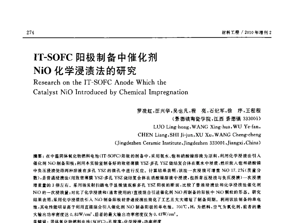IT-SOFC阳极制备中催化剂NiO化学浸渍法的研究 - 第十六届全国高技术陶瓷学术年会暨景德镇高技术陶瓷高层论坛