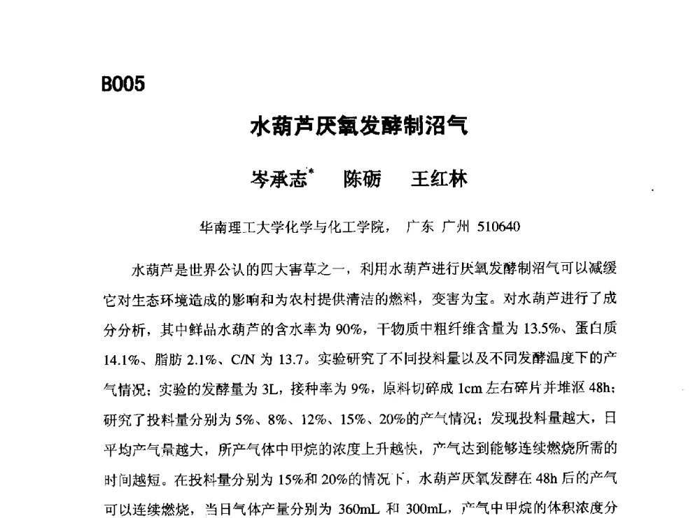 水葫芦厌氧发酵制沼气 - 第五届全国化学工程与生物化工年会