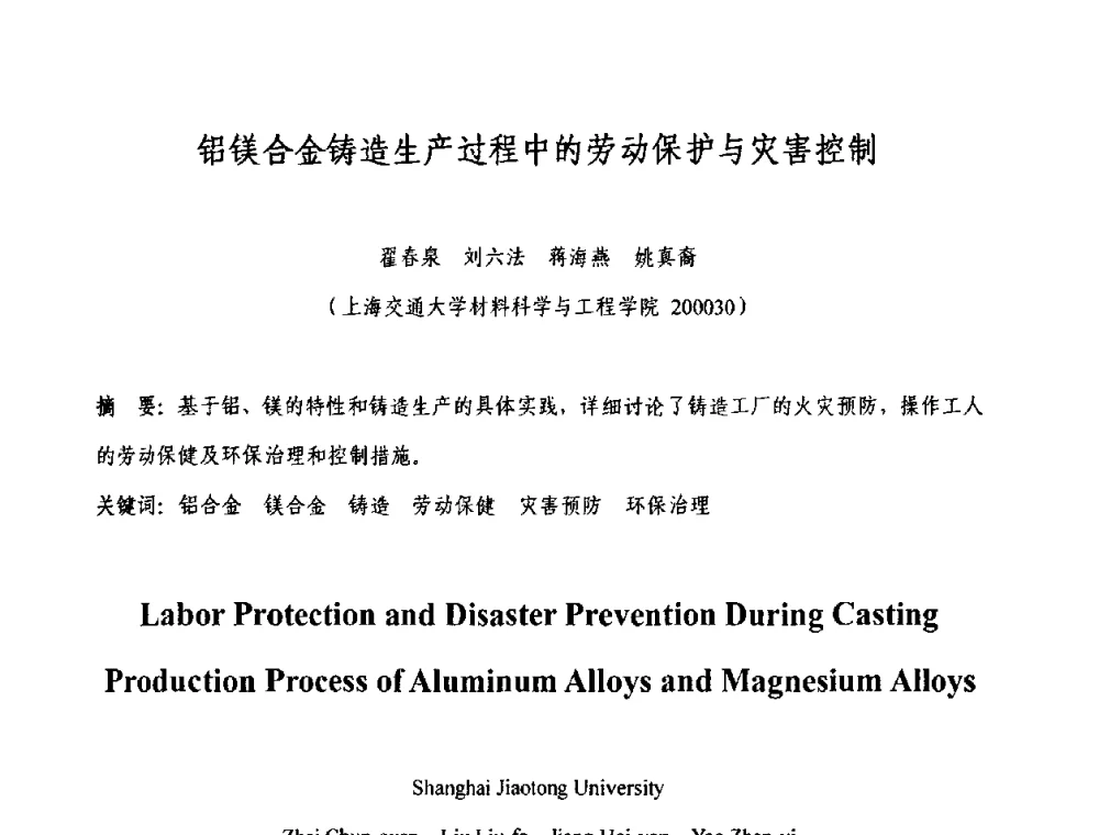 铝镁合金铸造生产过程中的劳动保护与灾害控制 - 2009中外压铸技术交流会