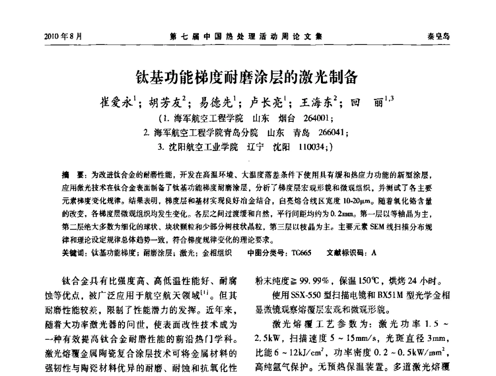 钛基功能梯度耐磨涂层的激光制备 - 第七届中国热处理活动周