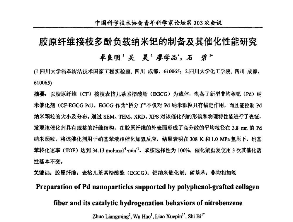 胶原纤维接枝多酚负载纳米钯的制备及其催化性能研究 - 中国科学技术协会青年科学家论坛第203次会议