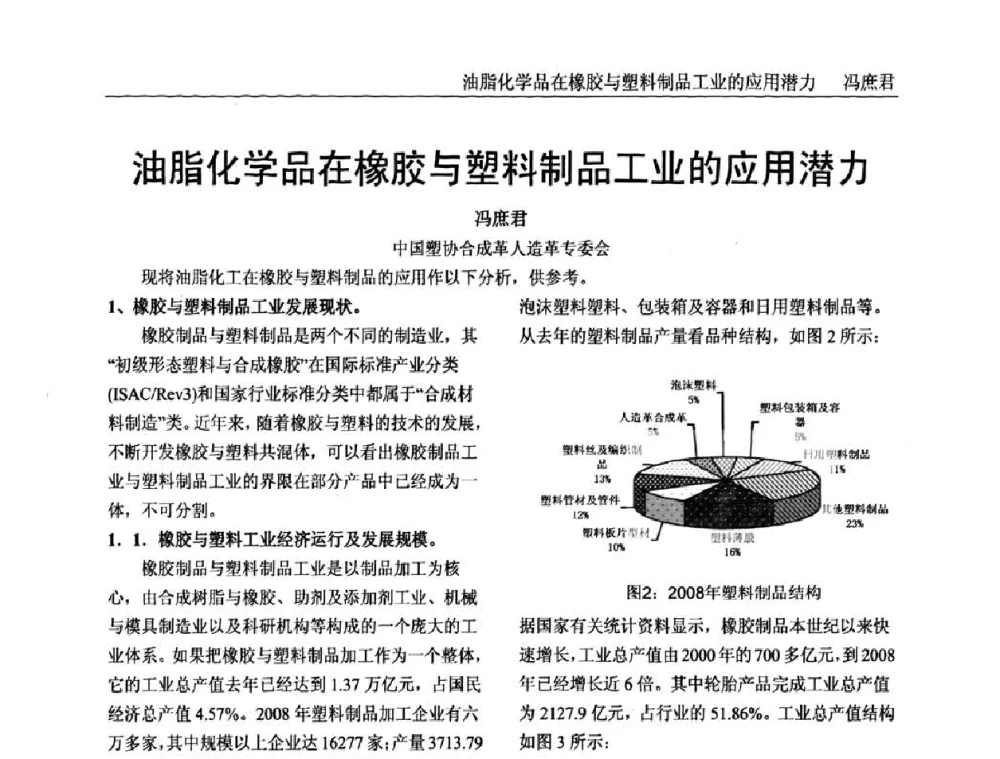 油脂化学品在橡胶与塑料制品工业的应用潜力 - 中国塑料加工工业协会专家委员会第二届一次全体大会暨塑料新技术、新材料、新成果交流大会