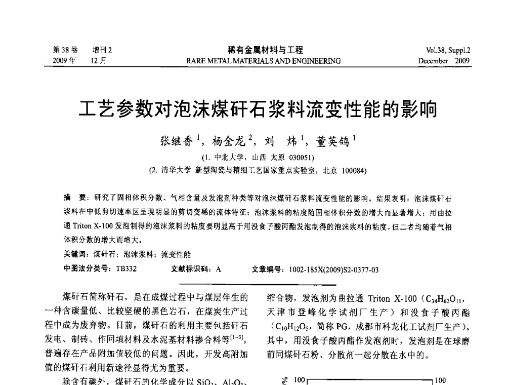 工艺参数对泡沫煤矸石浆料流变性能的影响 - 第十五届全国高技术陶瓷学术年会