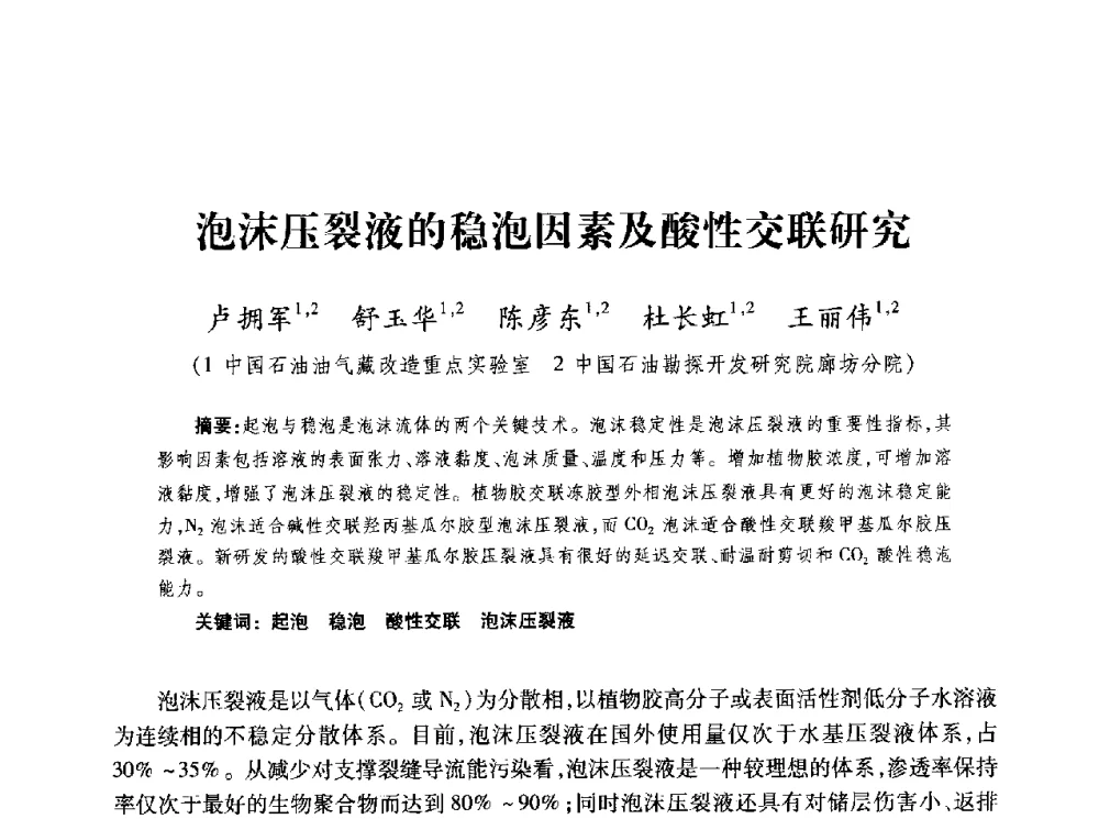泡沫压裂液的稳泡因素及酸性交联研究 - 第四届全国低渗透油气藏压裂酸化技术研讨会