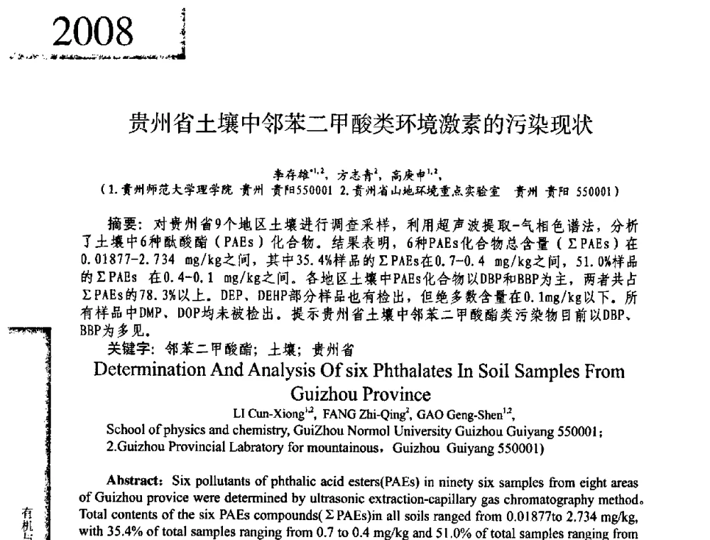贵州省土壤中邻苯二甲酸类环境激素的污染现状 - 2008年全国有机和精细化工中间体学术研讨会