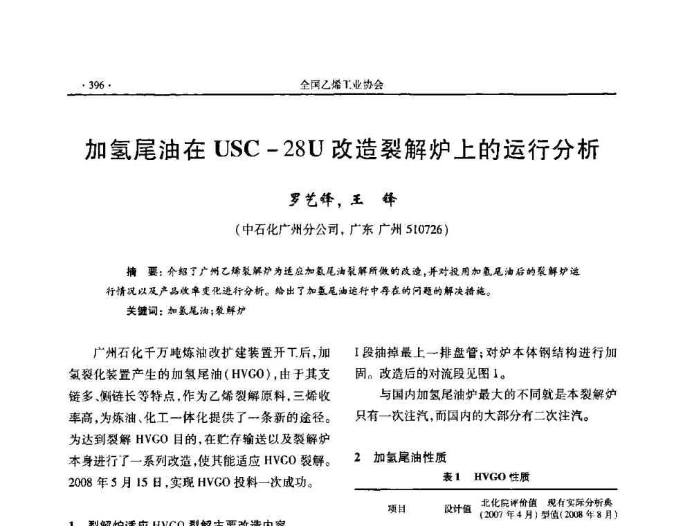加氢尾油在USC-28U改造裂解炉上的运行分析 - 第十六次全国乙烯年会