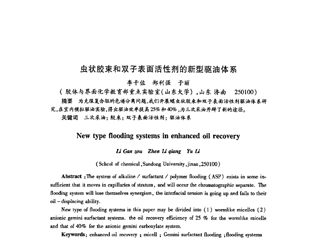 虫状胶束和双子表面活性剂的新型驱油体系 - 2009中国油田化学品发展研讨会(第23次全国工业表面活性剂发展研讨会)