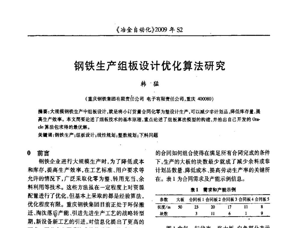 钢铁生产组板设计优化算法研究 - 2009年全国第十四届自动化应用学术交流会暨中国计量学会冶金分会2009年会