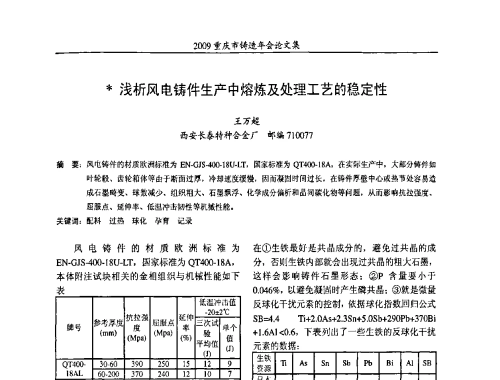 浅析风电铸件生产中熔炼及处理工艺的稳定性 - 2009重庆市铸造年会