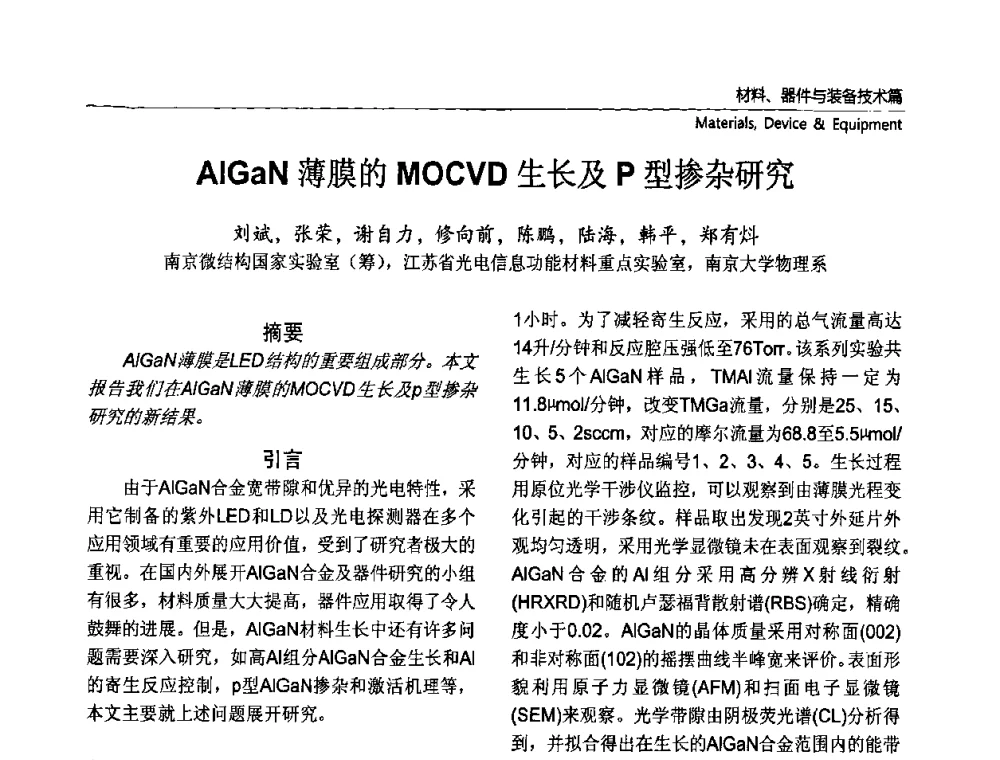AlGaN薄膜的MOCVD生长及P型掺杂研究 - 第六届中国国际半导体照明论坛(CHINASSL 2009)