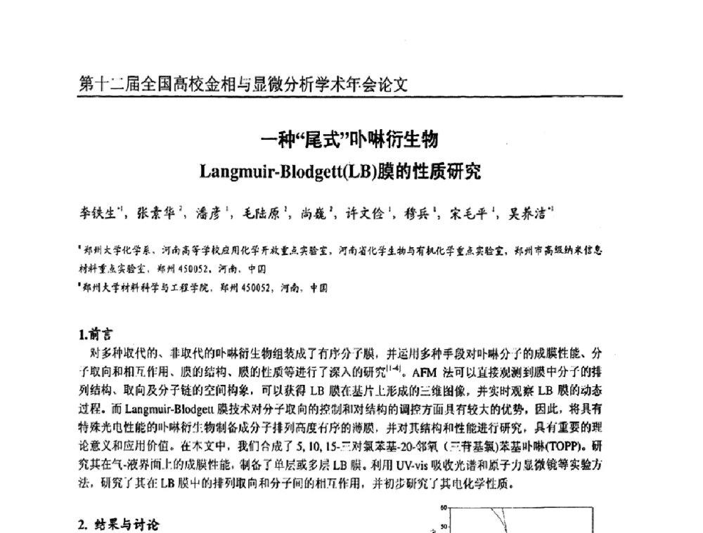 一种“尾式”卟啉衍生物Langmuir-Blodgett(LB)膜的性质研究 - 第十二届全国高校金相与显微分析学术年会