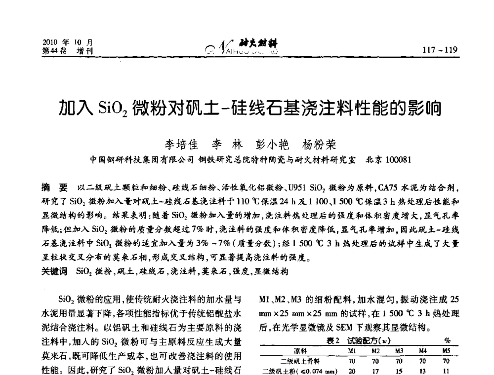加入SiO2微粉对矾土-硅线石基浇注料性能的影响 - 第十二届全国耐火材料青年学术报告会