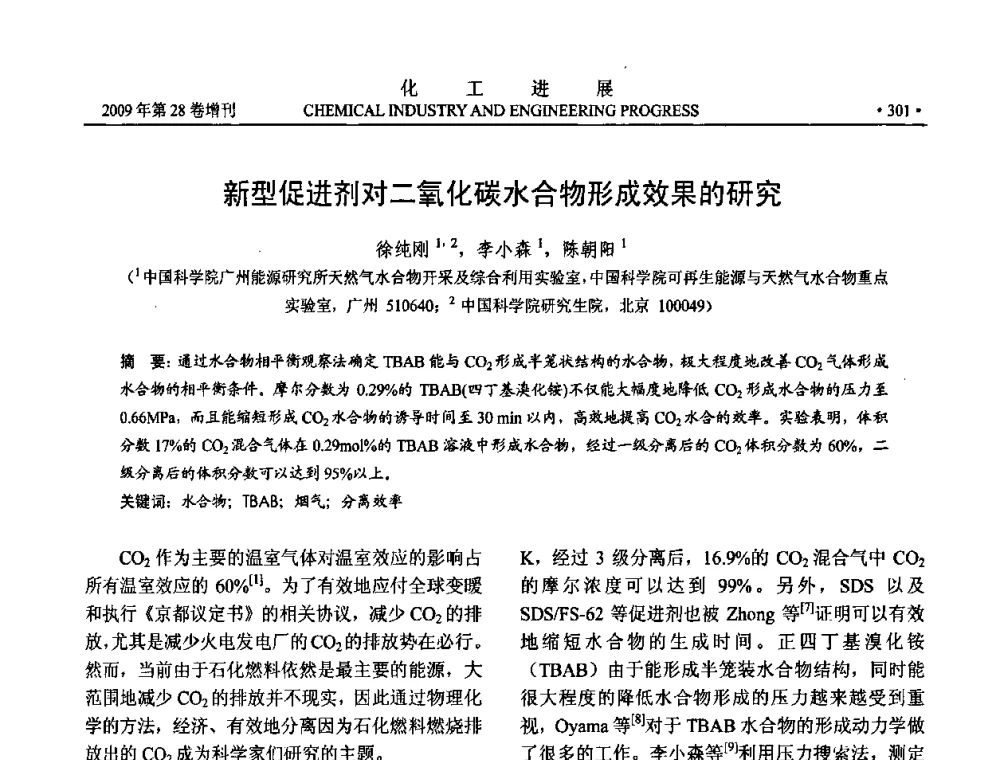 新型促进剂对二氧化碳水合物形成效果的研究 - 中国化工学会2009年年会暨第三届全国石油和化工行业节能节水减排技术论坛
