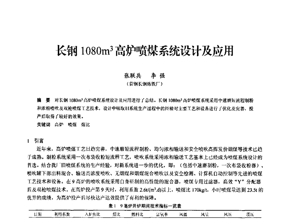 长钢1080m3高炉喷煤系统设计及应用 - 2010中小高炉炼铁学术年会