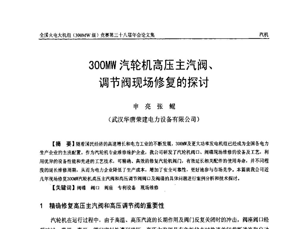 300MW汽轮机高压主汽阀、调节阀现场修复的探讨 - 全国火电大机组(300MW级)竞赛第三十八届年会