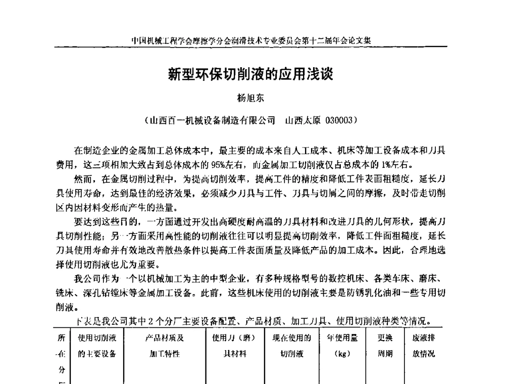 新型环保切削液的应用浅谈 - 中国机械工程学会摩擦学分会润滑技术专业委员会第十二届年会