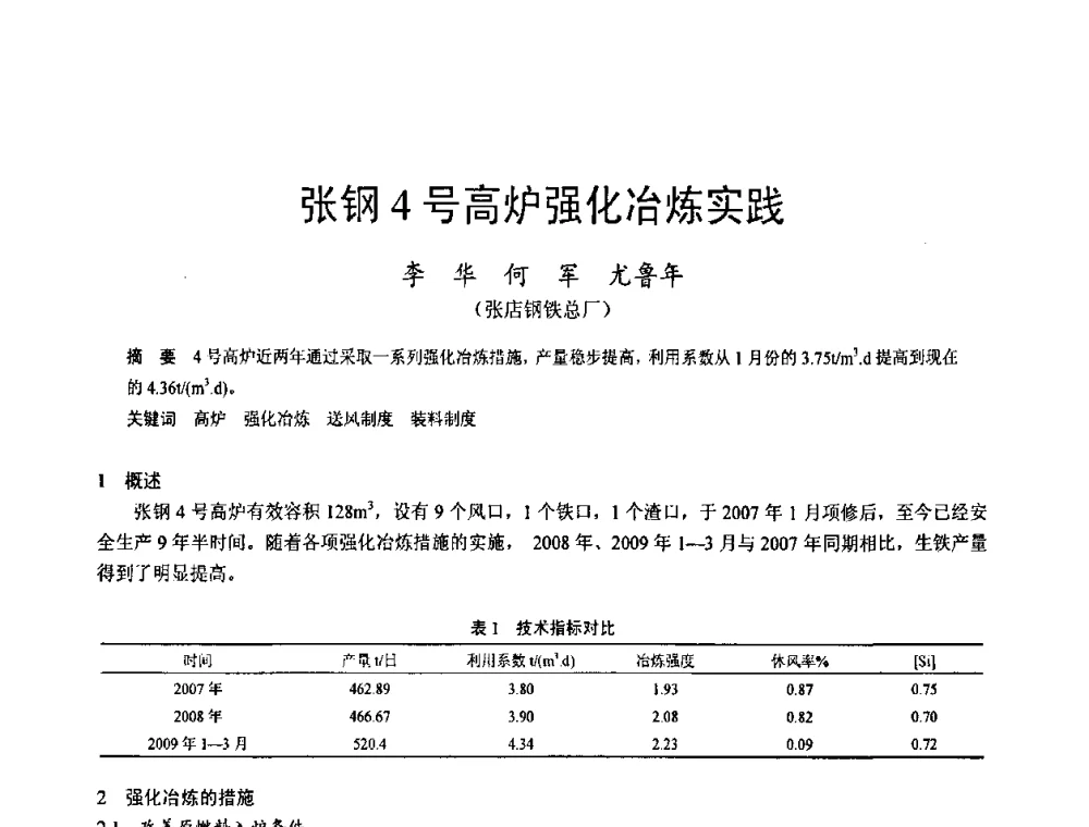 张钢4号高炉强化冶炼实践 - 2009年中小高炉炼铁学术年会