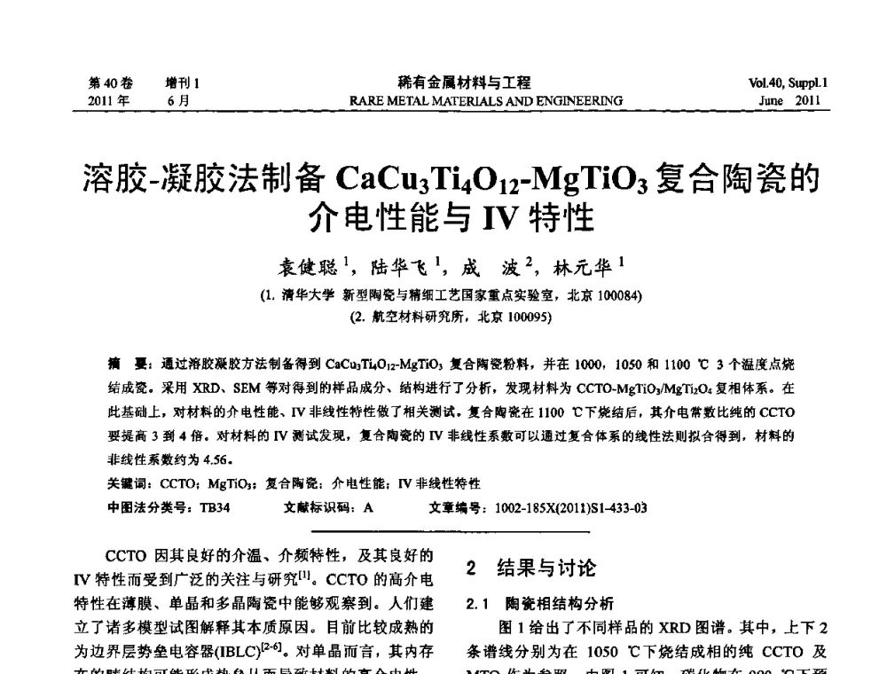 溶胶-凝胶法制备CaCu3Ti4O12-MgTiO3复合陶瓷的介电性能与IV特性 - 第十六届全国高技术陶瓷学术年会暨景德镇高技术陶瓷高层论坛